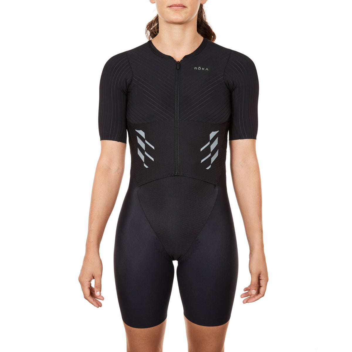 Women&#39;s Gen II Elite Aero Short Sleeve Tri Suit - Front View on Athlete - Fastest Women&#39;s Tri Suit